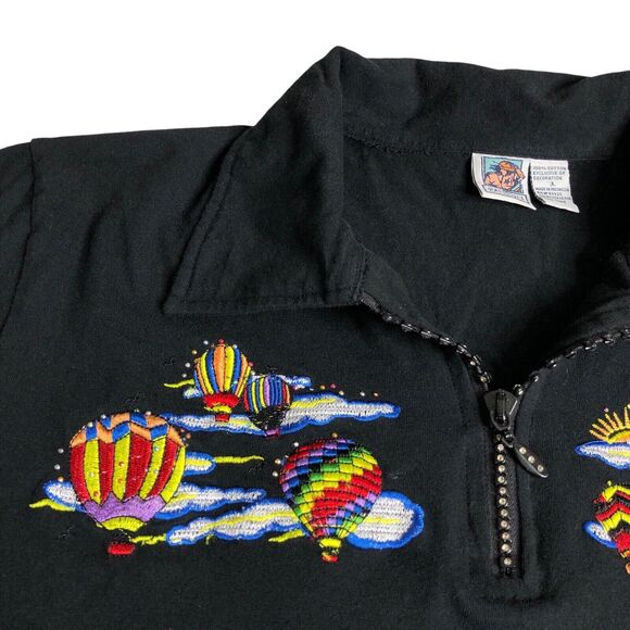 VTG Passion-I Top Womens L Black Hot Air Balloon Embroidered Bling 1/4 Zip Y2K - Picture 4 of 13